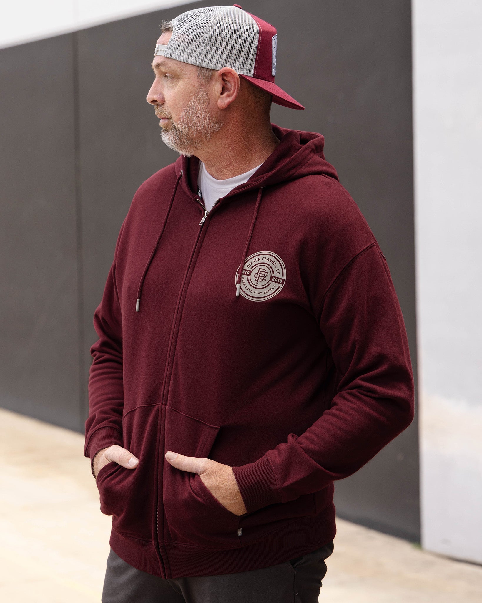 Gray Work Hard Badge Zip Up - Maroon