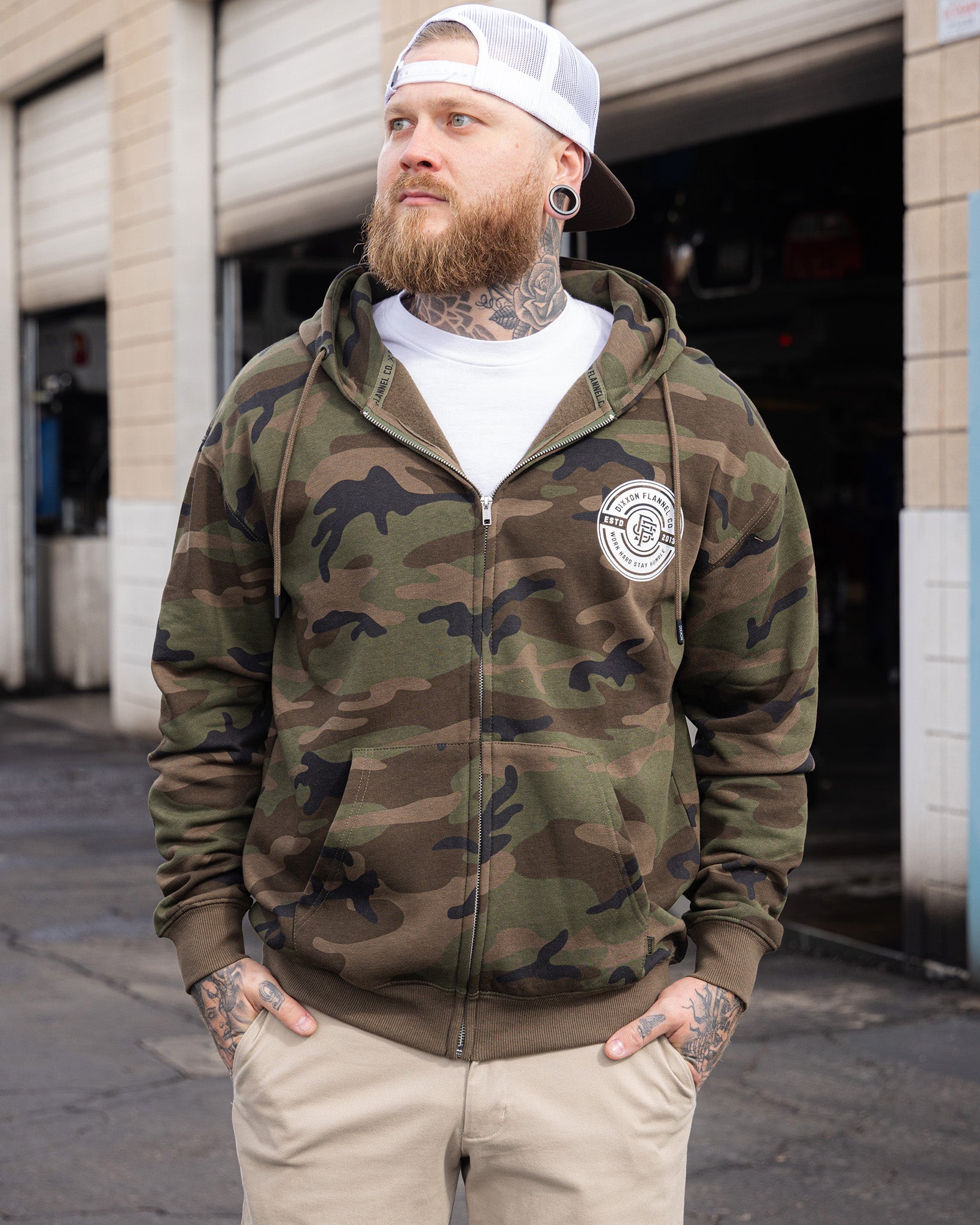 White Work Hard Badge Zip Up - Camo
